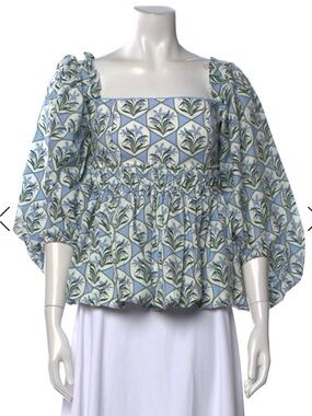 Agua by Agua Bendita Blue and White Floral Square-Neck Puff Sleeve Blouse